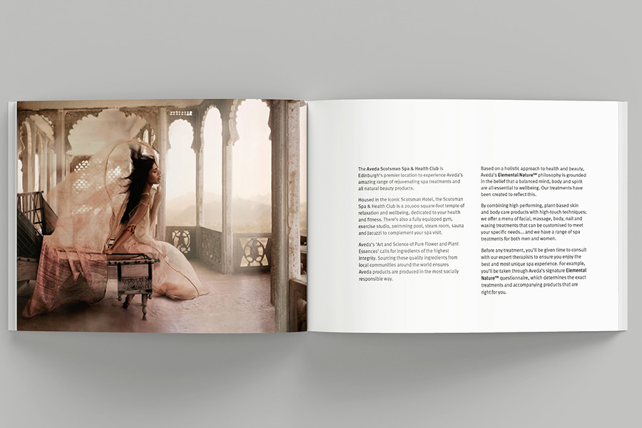 Aveda Scotsman Spa brochure spread using Aveda supplied imagery