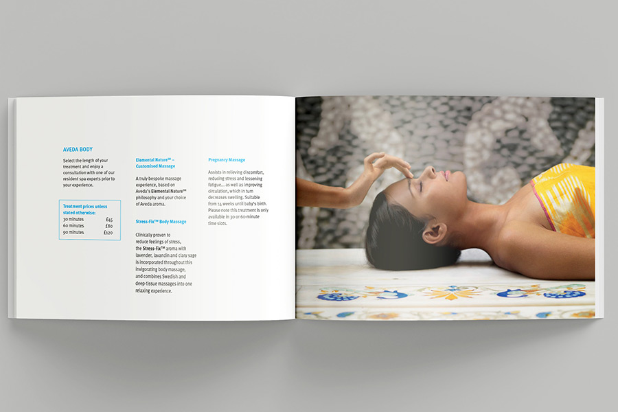 Aveda Scotsman Spa brochure spread using Aveda supplied imagery