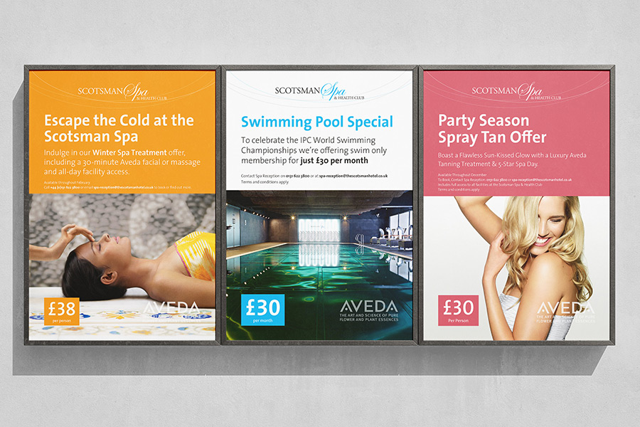 A selection of Aveda Scotsman Spa posters to promote various special offers