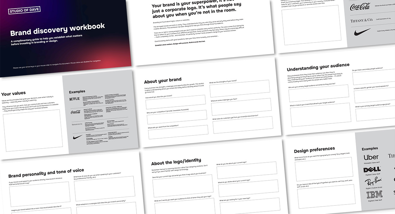 A collection of pages from the free Studio of Dave Brand discovery workbook