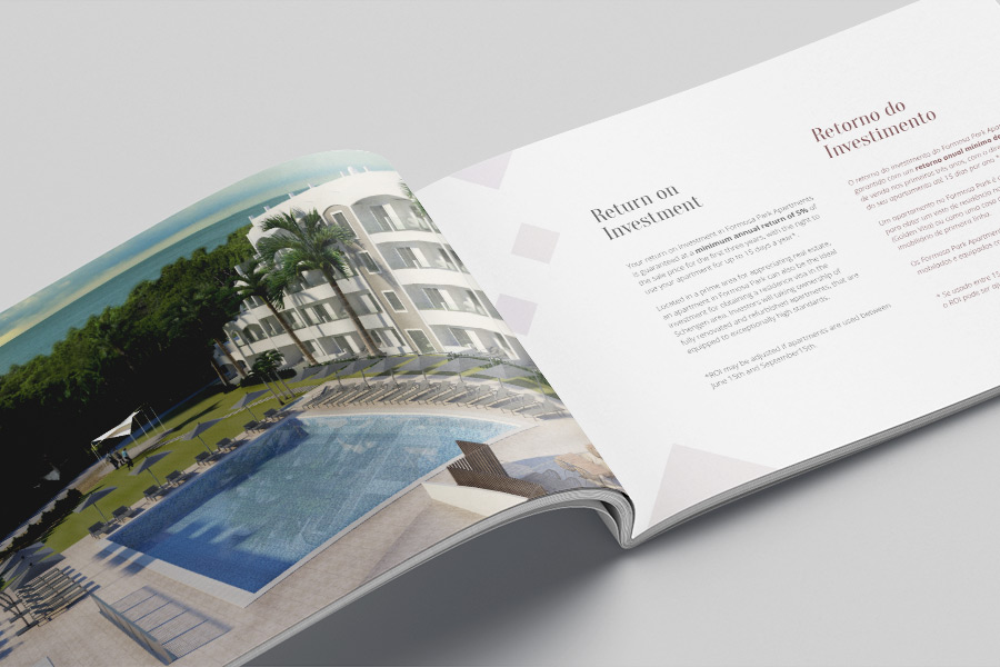 Formosa Park Apartments brochure pages featuring a CGI rendering of the outside pool