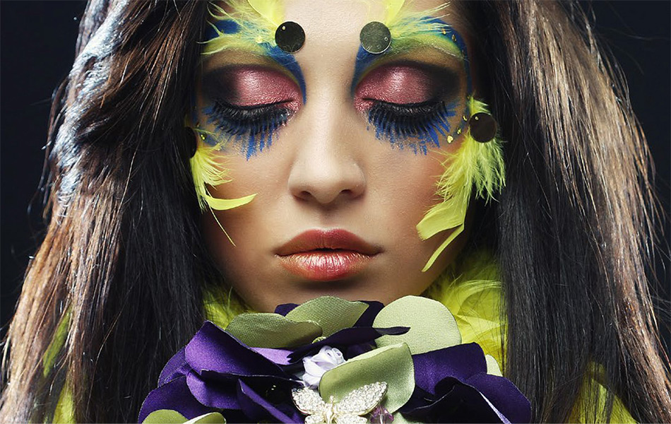 Grand Palais abstract glamour photography of colourful model with yellow and purple tones