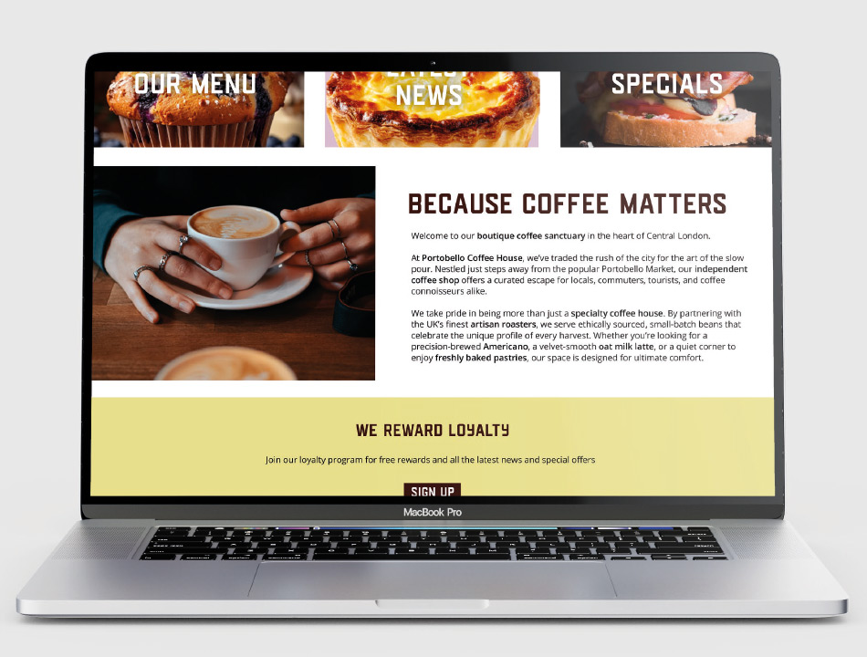 Portobello Coffee House website design scrolled home page on a laptop screen