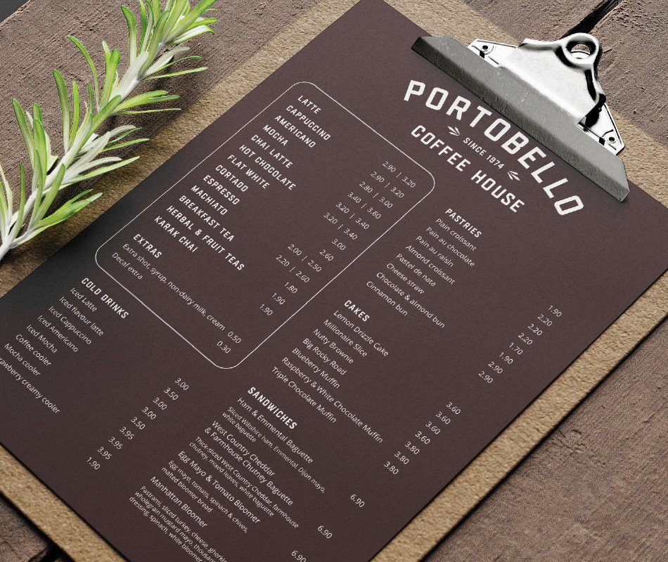 Portobello Coffee House coffee and snacks menu design